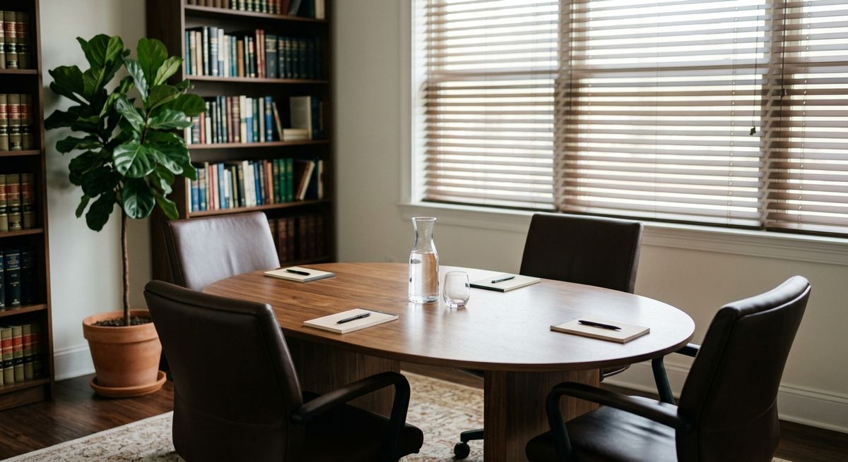 Conference room with an oval walnut table, leather chairs, and shelves of law books