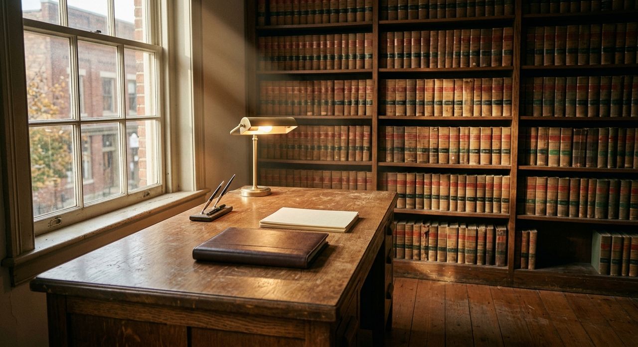 Oak desk with a leather folio and lit brass lamp beside a tall window, shelves of law reports filling the wall behind