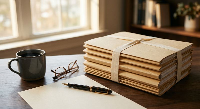 Stack of file folders tied with cotton tape beside a fountain pen and reading glasses